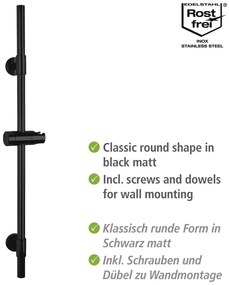 Черен душ прът за стена от неръждаема стомана 66 cm Basic - Wenko
