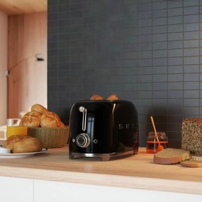 Тостер за хляб SMEG 50's Style TSF01BLEU, 950W, 2 филии, 6 нива, Тавичка за трохи, Вграден кабел, Неръждаема стомана, Черен