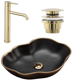 Комплект Умивалник за плот Rea Pearl black matt gold edge + Смесител за баня Lungo gold + Изпускателен клапан gold