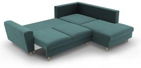 Кадифен разтегателен ъглов диван с място за съхранение в петролен цвят (десен ъгъл/L форма) Kyoto – Cosmopolitan Design