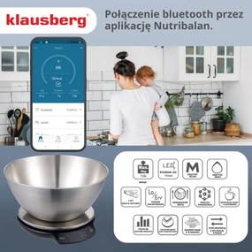 Кухненска везна с купа Klausberg KB 7939, 5 Kg, Bluetooth, Мобилно приложение, LED, ТАРА, Течности, 4 хранителни стойности, Инокс