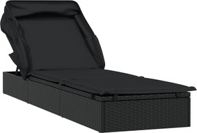 319640 vidaXL Шезлонг със сгъваем покрив, черен, 213x63x97 см, полиратан