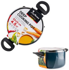 Дълбока тенджера Luigi Ferrero Prima FR-2245D, 22x13 см, 4.5 л, Незалепващо покритие с мраморен ефект, Индукция, Стъклен капак с отвор, Тъмносин