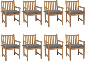 3073074 vidaXL Градинки столове, 8 бр, сиви възглавници, тиково дърво масив