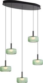 Fiera Designer Pendant Lamp: Gunmetal Finish with Green Glass, Integrated LED, 3-Step Dimmable, 5-Light Easylift