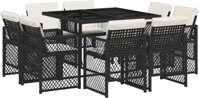 3210834 vidaXL Градински трапезен комплект възглавници 9 части черен полиратан