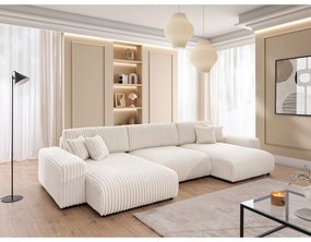 Кремав сгъваем/с място за съхранение ъглов диван от рипсено кадифе (U форма) Sarina – Ropez