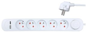 Solight PP152USBC - удължител 5 гнезда + 2xUSB, 3м, бял, с ключ