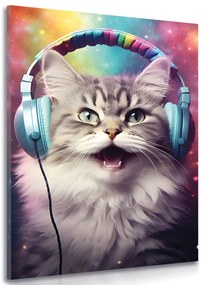 Картина на платно – Котка със слушалки