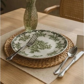 Комплект за хранене, 24 части, бял/зелен, порцелан