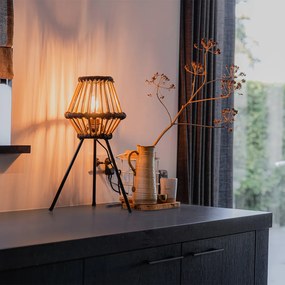 Рустикална триножна настолна лампа бамбук с черно - Evalin