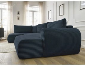 Тъмносин разтегателен ъглов диван от рипсено кадифе (десен ъгъл/"U" форма) Lucien – Bobochic Paris