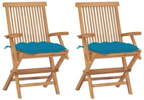 3062506 vidaXL Градински столове със светлосини възглавници 2 бр тик масив