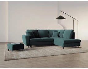 Кадифен разтегателен ъглов диван с място за съхранение в петролен цвят (десен ъгъл/L форма) Kyoto – Cosmopolitan Design