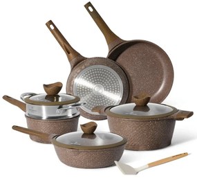 Комплект тенджери и тигани Just Perfecto JL-26, 14 ч, Отливка, Мраморно покритие, Индукция, Съд за готвене на пара, Аксесоари, Кафяв