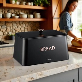 Кутия за хляб Kinghoff KH 1949, 35 см, Метално тяло, Бамбуков капак, Черен
