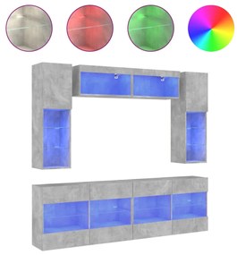 3216800 vidaXL ТВ стенни шкафове, 6 части, с LED светлини, бетонно сиви