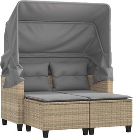 365785 vidaXL 2-местен градински диван със сенник и табуретки бежов полиратан