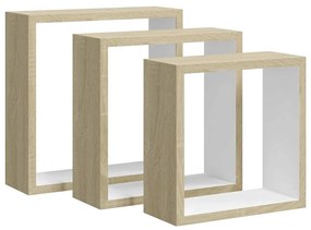 326720 vidaXL Стенни кубични рафтове, 3 бр, бяло и дъб сонома