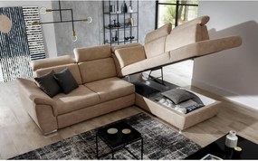 Бежов кадифен разтегателен ъглов диван с място за съхранение (десен ъгъл L форма) Loreto – ELTAP