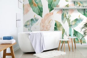 Тапет – Акварелни зелено-прасковени листа