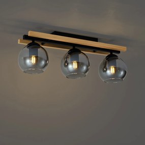 Модерна таванна лампа черна с дърво и димно стъкло 3-лампи - Aleks