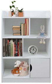 Детска Дървена Секция за Съхранение на Книжки и Играчки на 4 Нива с Вратичка - WHITE