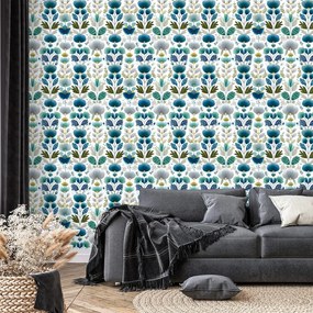 Тапет – Сини цветя на бял фон