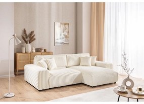 Кремав разтегателен ъглов диван от рипсено кадифе с място за съхранение (десен ъгъл) Sarina – Ropez