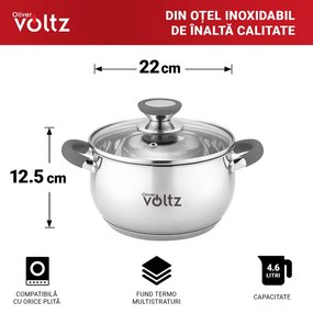 Тенджера Oliver Voltz OV51210N22, 22см, 4.6 л, Индукция, Силиконови дръжки, Инокс/сив