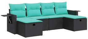 3325523 vidaXL Градински диван с възглавници, 6 части, черен, полиратан