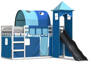 3284165 vidaXL Двуетажно легло с пързалка и завеси, синьо, 90x200 см