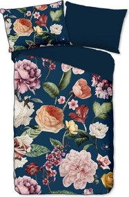 Тъмносиньо единично удължено спално бельо от памучен сатен 140x220 cm Fiori – Descanso