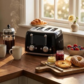 Тостер за хляб SMEG 50's Style TSF03BLEU, 2000W, 4 филии, 6 нива, Тавичка за трохи, Вграден кабел, Неръждаема стомана, Черен