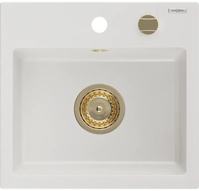 Mexen Milo гранитна мивка 1-корми 435 x 410 мм, бяла, златен сифон - 6505441000-20-G