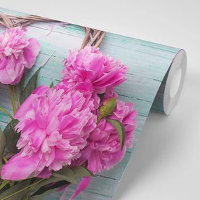 Фототапет – Божури на дървено сърце