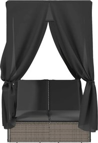 Двоен шезлонг с покрив и завеси сив полиратан