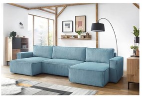 Светлосин велурен U-образен разтегателен диван Nihad - Bobochic Paris