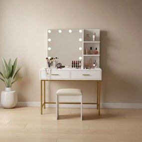 Голяма козметична тоалетка с LED огледало и странични рафтове