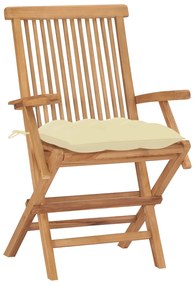 3062504 vidaXL Градински столове 2 бр кремавобели възглавници тик масив