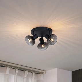 Модерен таванен прожектор черен с кръгло опушено стъкло 3-светлина - Теди