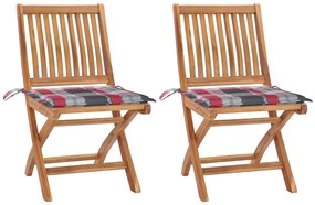 3062446 vidaXL Градински столове, 2 бр, възглавници на червено каре, тик масив