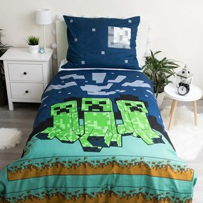 Зелено-синьо единично памучно детско спално бельо 140x200 cm Minecraft "Sssleep Tight" – Jerry Fabrics