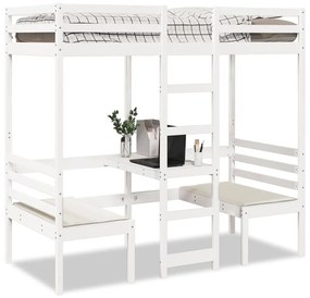 3308557 vidaXL Таванско легло с бюро и столове, бял, 80x200 см, бор масив