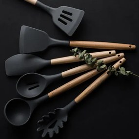 Комплект силиконови прибори за готвене 12бр. с поставка черни Ruhhy