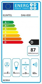 Aбсорбатор Kumtel DA6-830-A0А, 650 m3/h, 60 см, 3 скорости, Механично управление, Стъклен панел, LED осветление, Бял