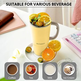 Термочаша с вградена сламка Buydeem DS57-MY, 700 мл, Топло&студено до 6 ч, Вакуумна изолация, Дръжка, Неръждаема стомана, BPA free, Жълт