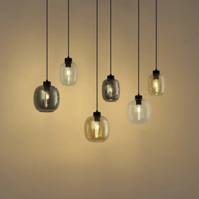 Висяща лампа черна с кехлибарено, димно и прозрачно стъкло 6 светлини - Елена