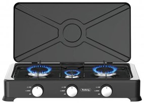 Троен газов котлон с капак Rosberg R51454E3, 3х2.2 kWh, 30 mbar, Въглеродна стомана, Черен