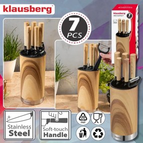 Комплект кухненски ножове Klausberg KB 9036, 7 ч, Неръждаема стомана, Дървесен ефект, Стойка, Кафяв